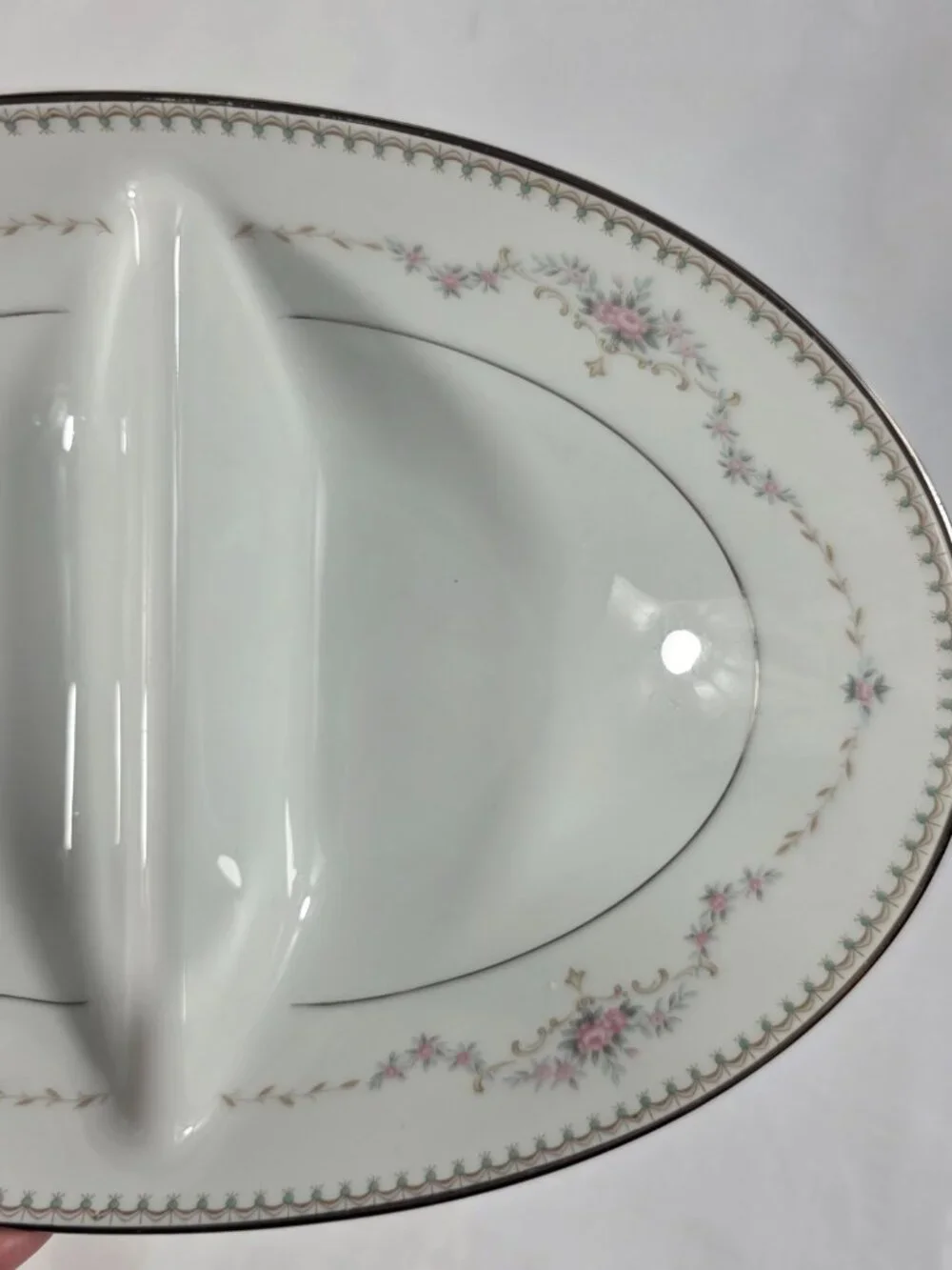 Noritake Fairmont Oval Divided Serving Bowl White with Pink Roses & Green Dots